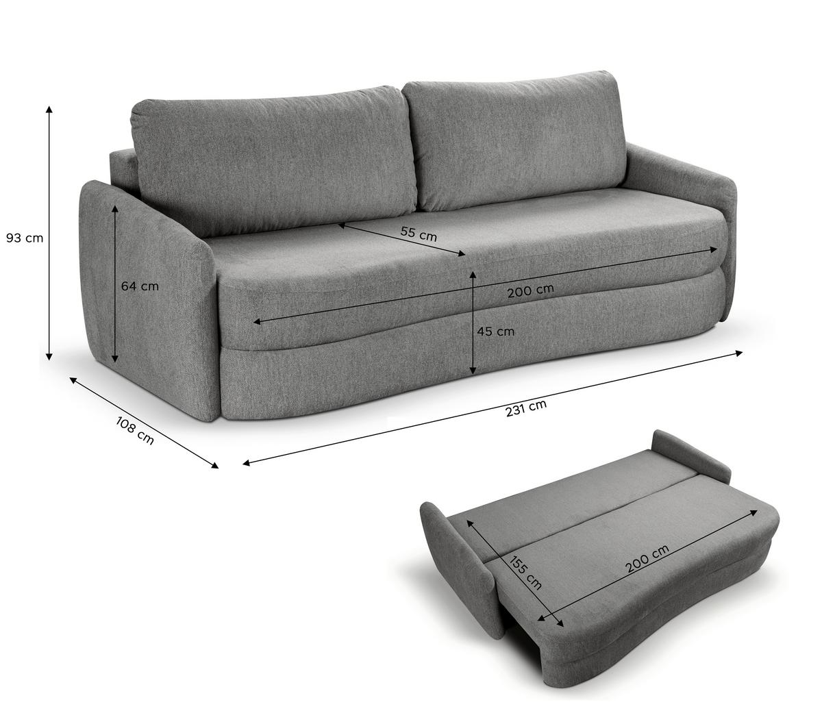 Schlafsofa Diana Grau B: 231cm - Schwarz/Grau, Basics, Holz/Textil (231/93/108cm) - MID.YOU