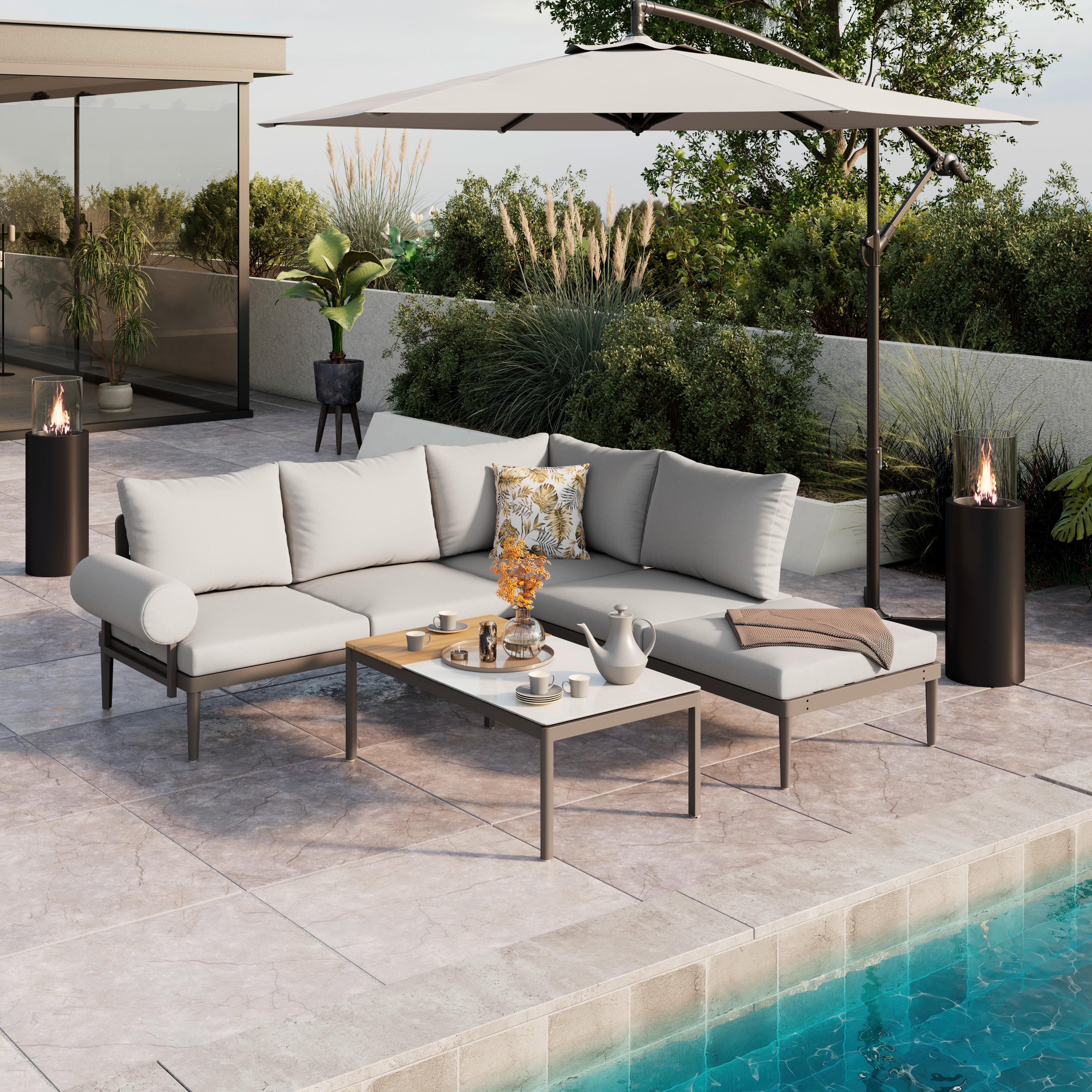 Loungegarnitur Kreta - Grau/Teakfarben, Basics, Glas/Kunststoff (228/214cm) - Beldano