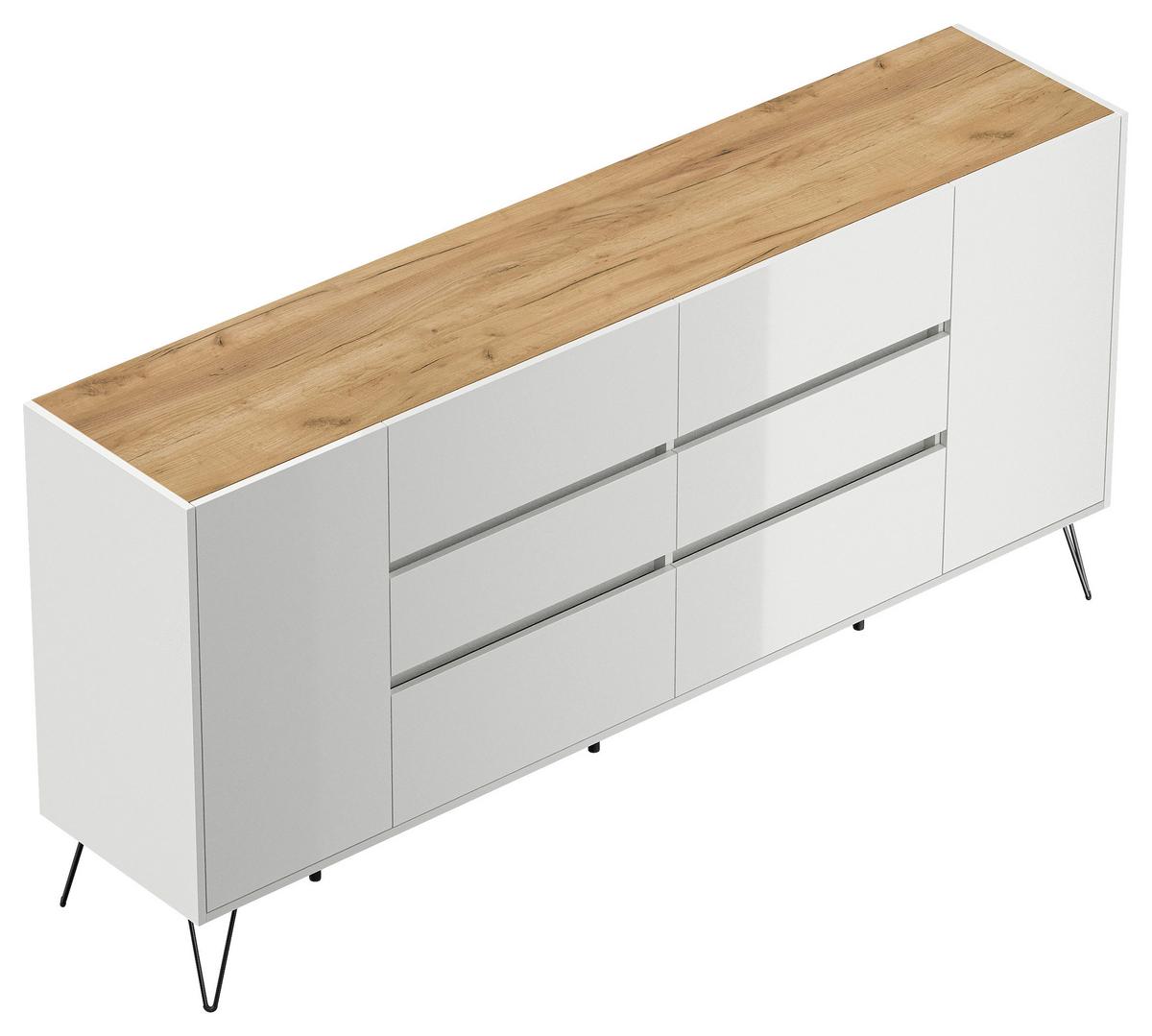 Sideboard Posseik Industrial Weiß/Eichefarben B: 199 cm - Weiß Hochglanz/Eichefarben, Design, Holzwerkstoff (199/93,6/42cm) - P & B
