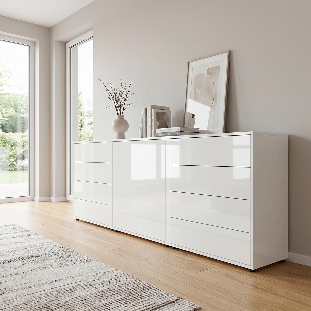 SIDEBOARD Mailand 4 B: 237 cm Weiß - Weiß Hochglanz/Schwarz, MODERN, Holzwerkstoff (237/73/33cm) - MID.YOU