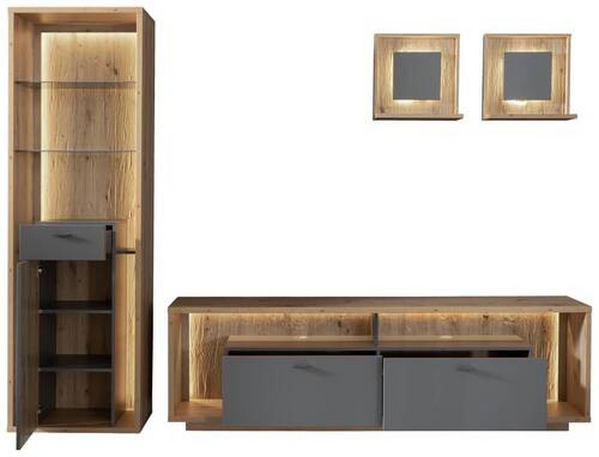Wohnkombination 4-Tlg. Lizzano Grau/Eichefarben - Eichefarben/Grau, Design, Glas/Holzwerkstoff (286/209/40cm) - MID.YOU