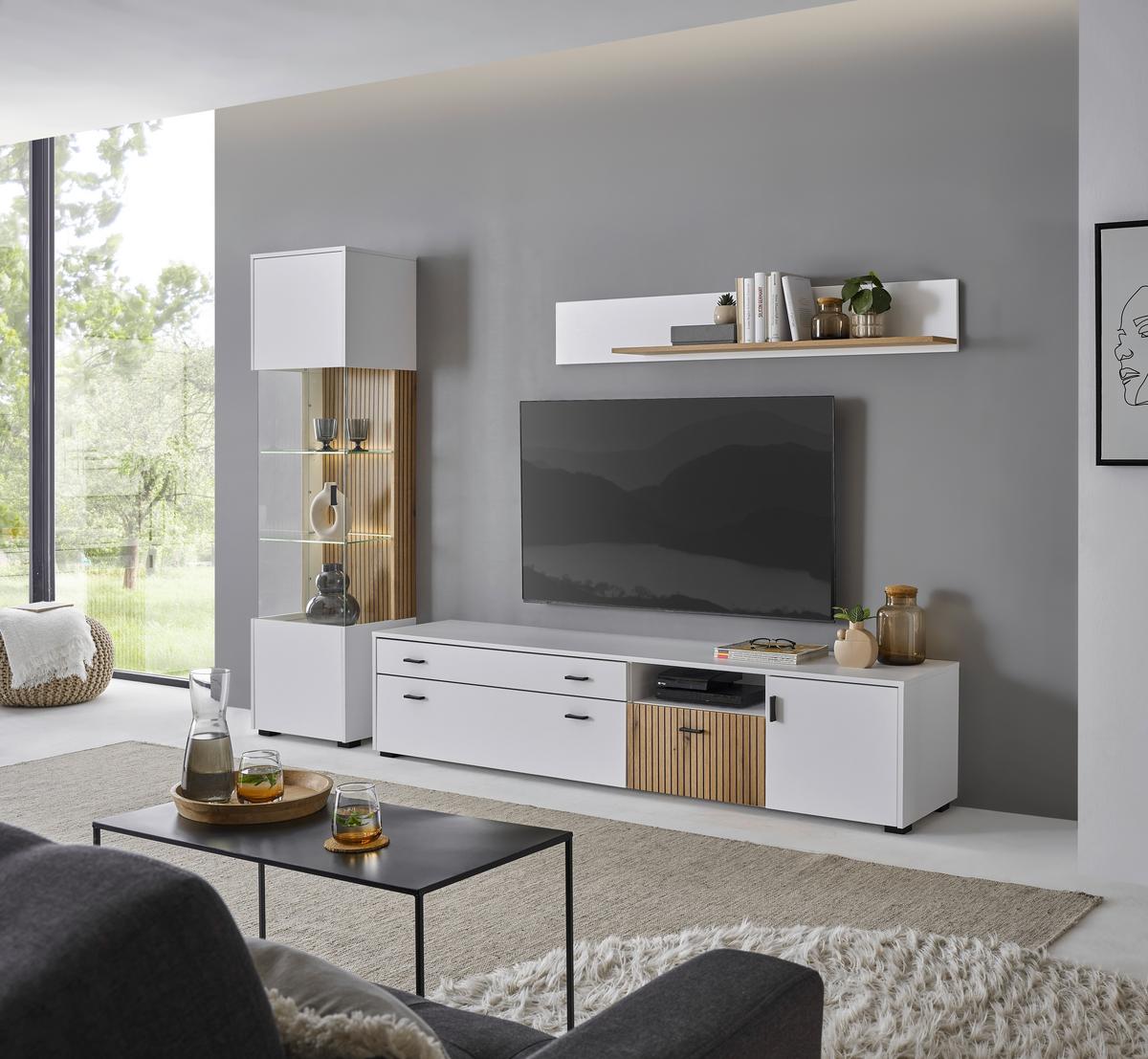 Vitrine Hudson Weiß/Eichefarben B: 48 cm - Eichefarben/Schwarz, Design, Glas/Holzwerkstoff (48/180/38cm) - MID.YOU