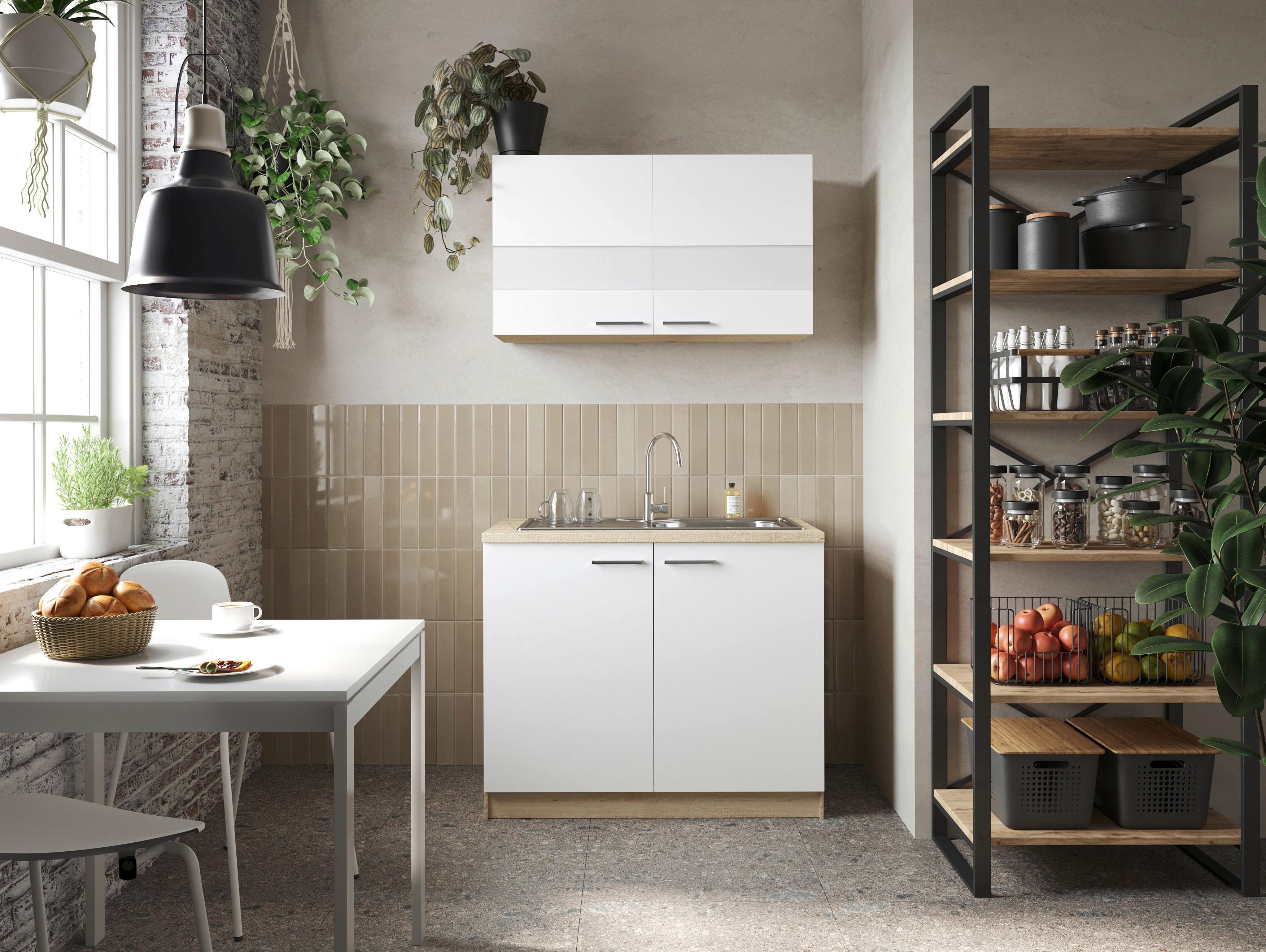 Miniküche Merle Weiß/Eiche Dekor B:100cm - Eichefarben/Weiß, Basics, Glas/Holzwerkstoff (100cm) - Respekta