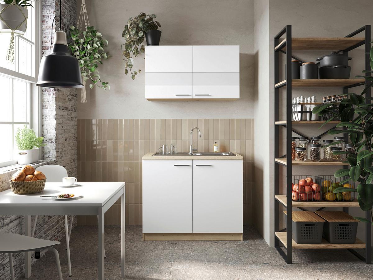Miniküche Merle Weiß/Eiche Dekor B:100cm - Eichefarben/Weiß, Basics, Glas/Holzwerkstoff (100cm) - Respekta