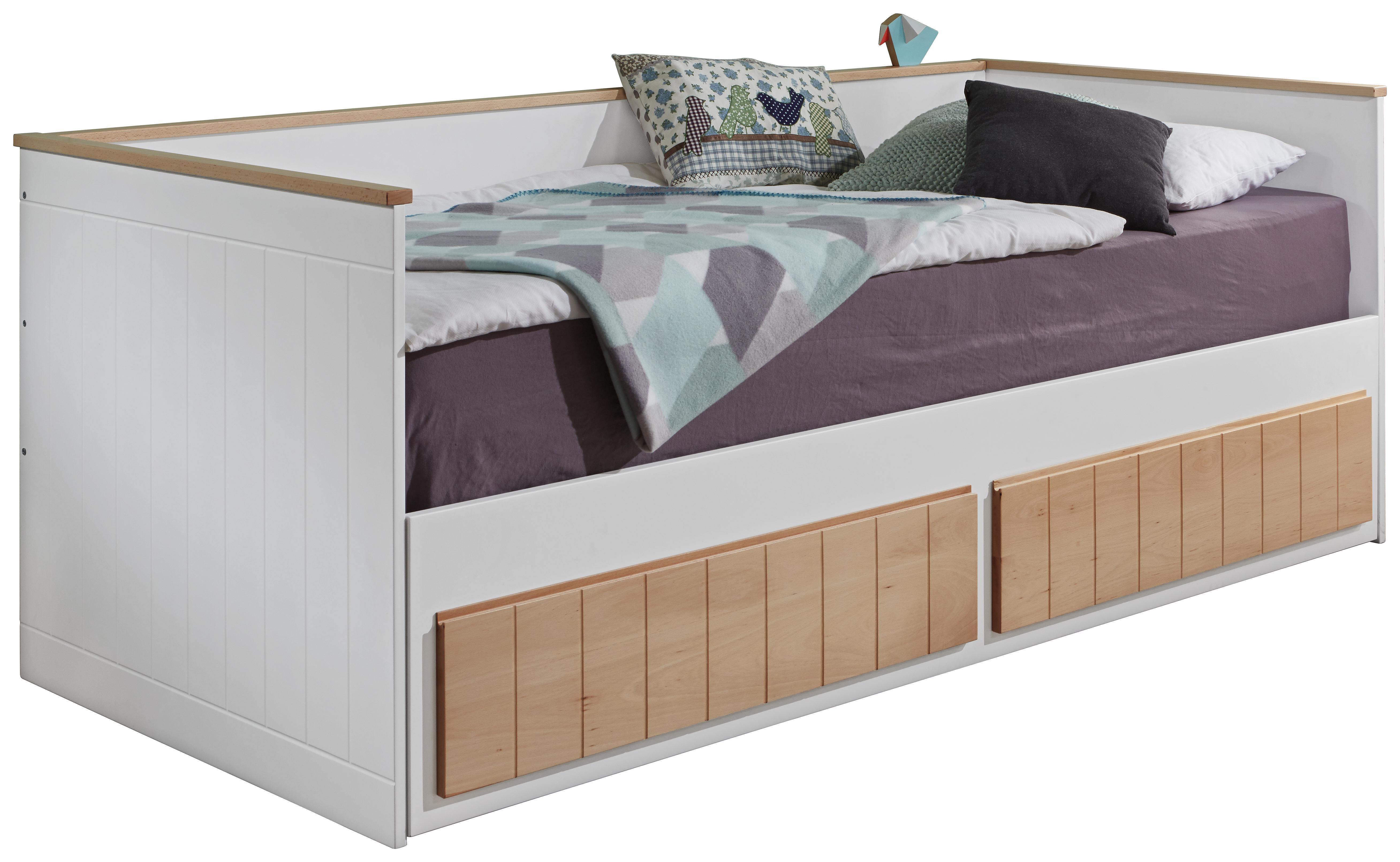 Stauraumbett Timmi Bicolor 90-180x200 - Buchefarben/Weiß, KONVENTIONELL, Holz/Holzwerkstoff (205/99-189/80cm)