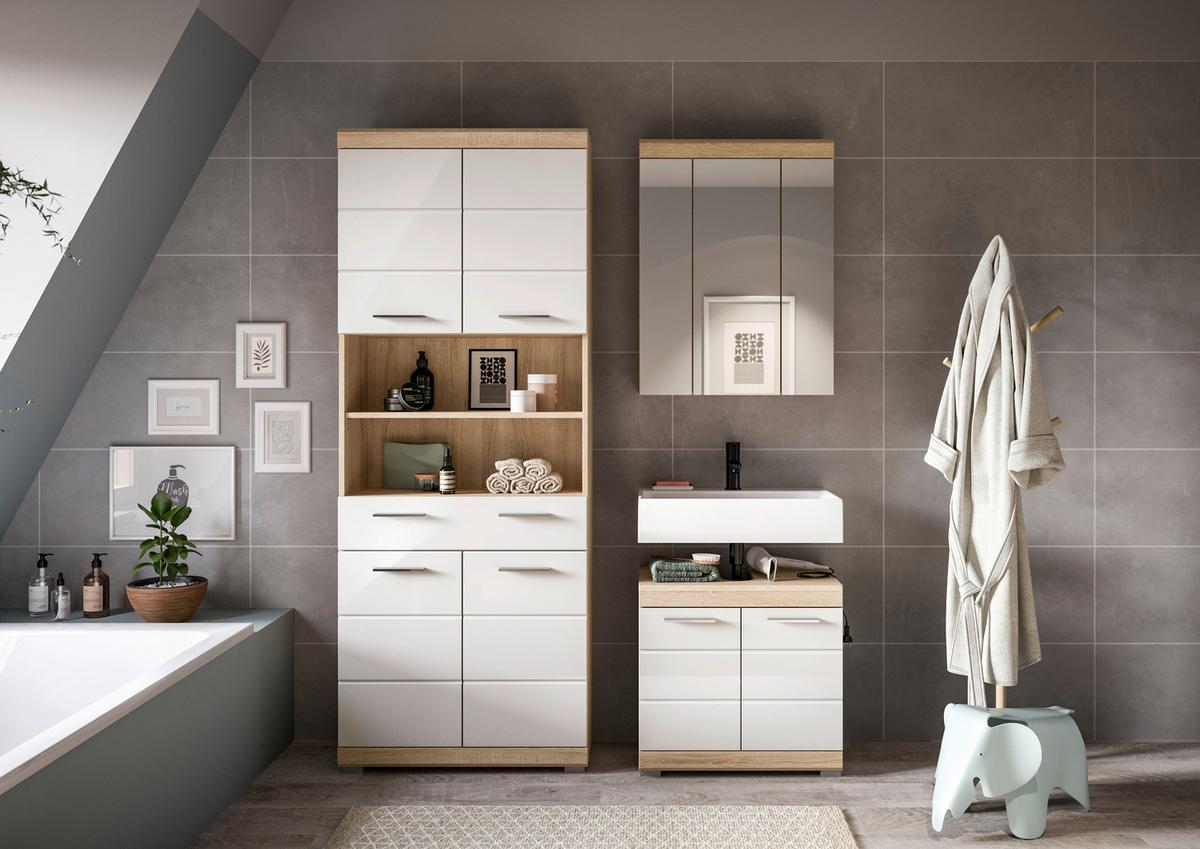 Badezimmer Lambada Weiß/Eiche Dekor B: 134 cm - Weiß Hochglanz/Eichefarben, Basics, Holzwerkstoff (134/191/34cm) - MID.YOU