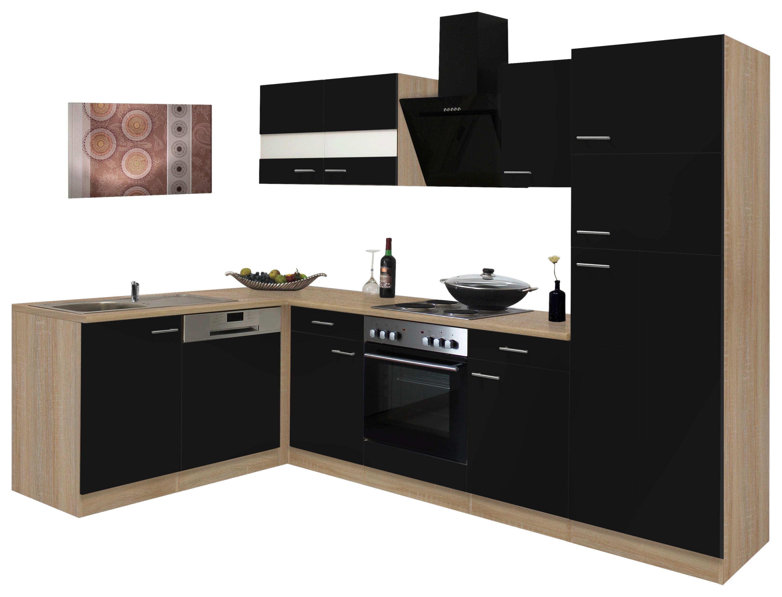 Eckküche Economy mit Geräten 172x280 cm Schwarz/Eiche Dekor - Eichefarben/Schwarz, Basics, Glas/Holzwerkstoff (172/280cm) - Respekta