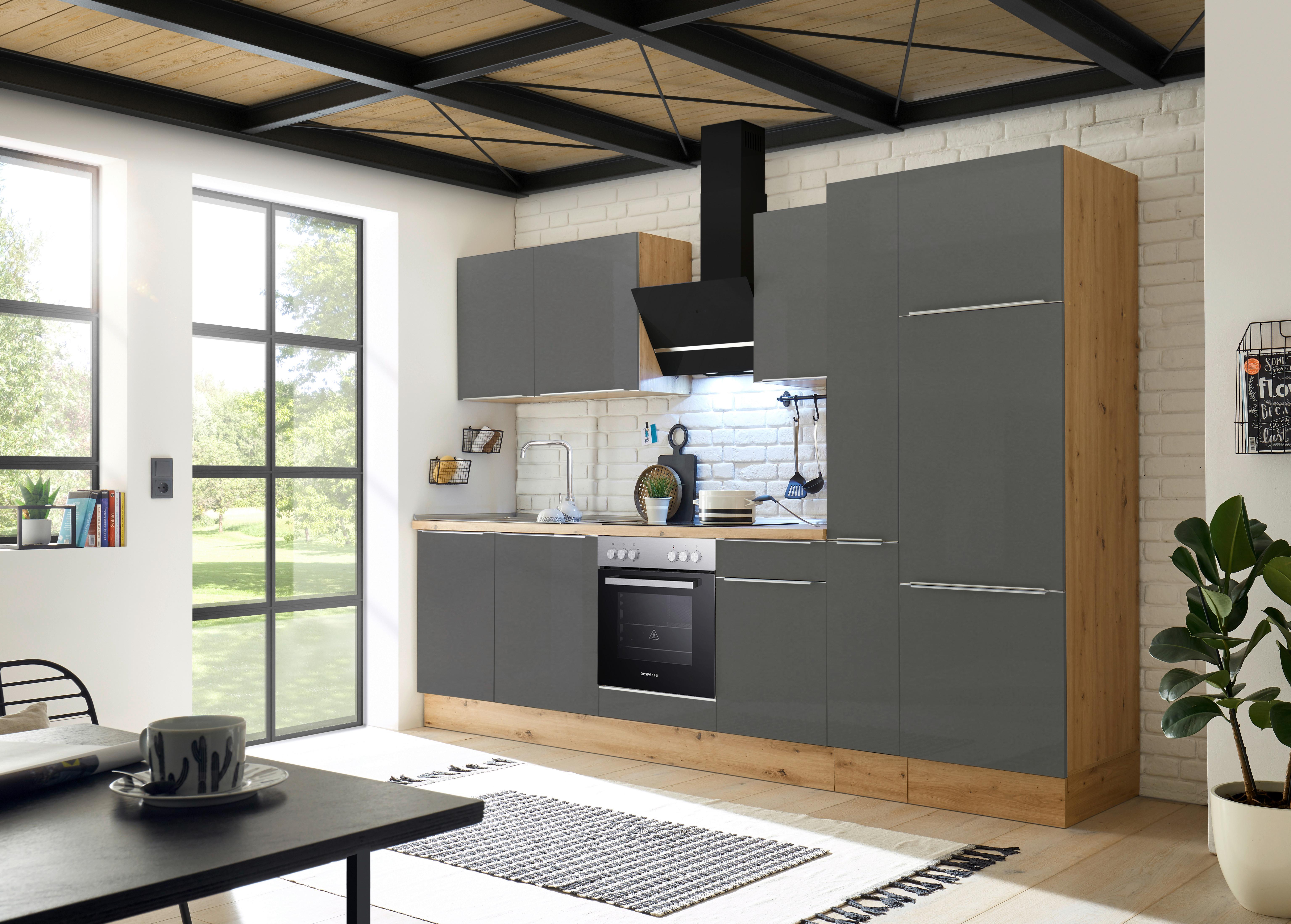Küchenzeile mit Geräten B: 310 cm Grau/Eiche Dekor - Anthrazit/Eiche Artisan, LIFESTYLE, Holzwerkstoff (310cm) - Respekta