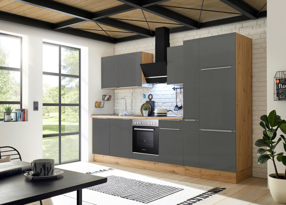 Küchenzeile mit Geräten B: 310 cm Grau/Eiche Dekor - Anthrazit/Eiche Artisan, LIFESTYLE, Holzwerkstoff (310cm) - Respekta