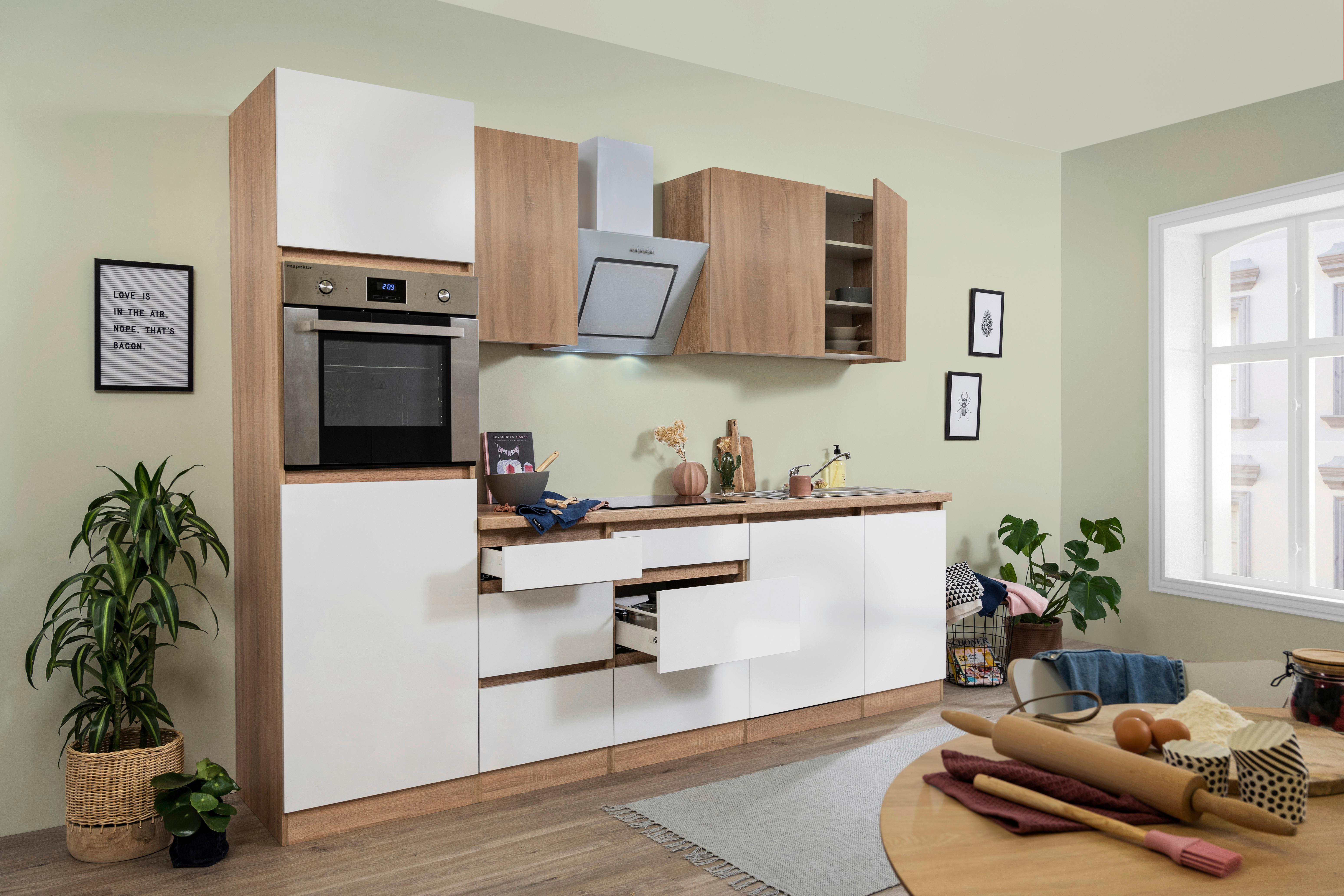 Küchenzeile Premium mit Geräten 280 cm Weiß/Eiche Dekor - Eichefarben/Weiß Hochglanz, Basics, Holzwerkstoff (280cm) - Respekta