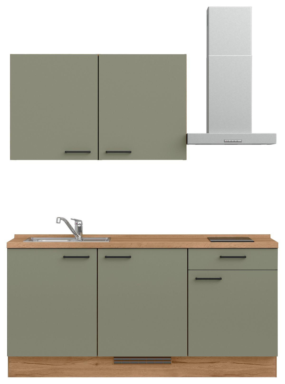 Kuchyňská linka 180 cm, olivově zelená - barvy dubu/černá, Moderní, kov/kompozitní dřevo (180cm) - Nobilia
