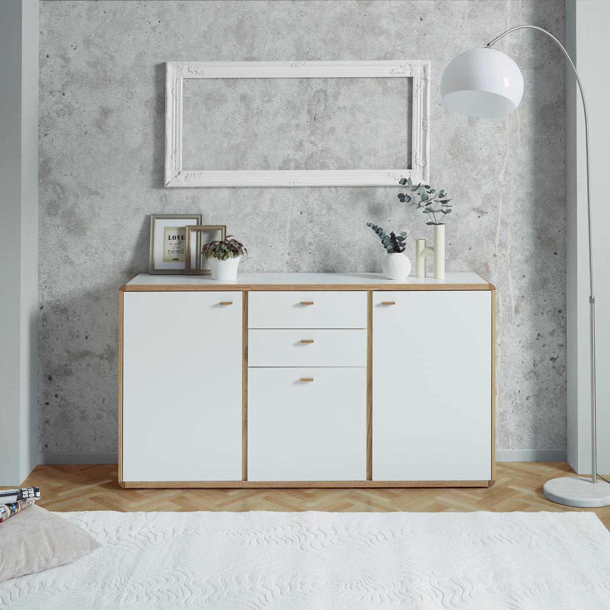 Kommode B: 158 cm Ronda Weiß/Eiche Dekor - Eichefarben/Weiß, MODERN, Holzwerkstoff (158/90/40cm)