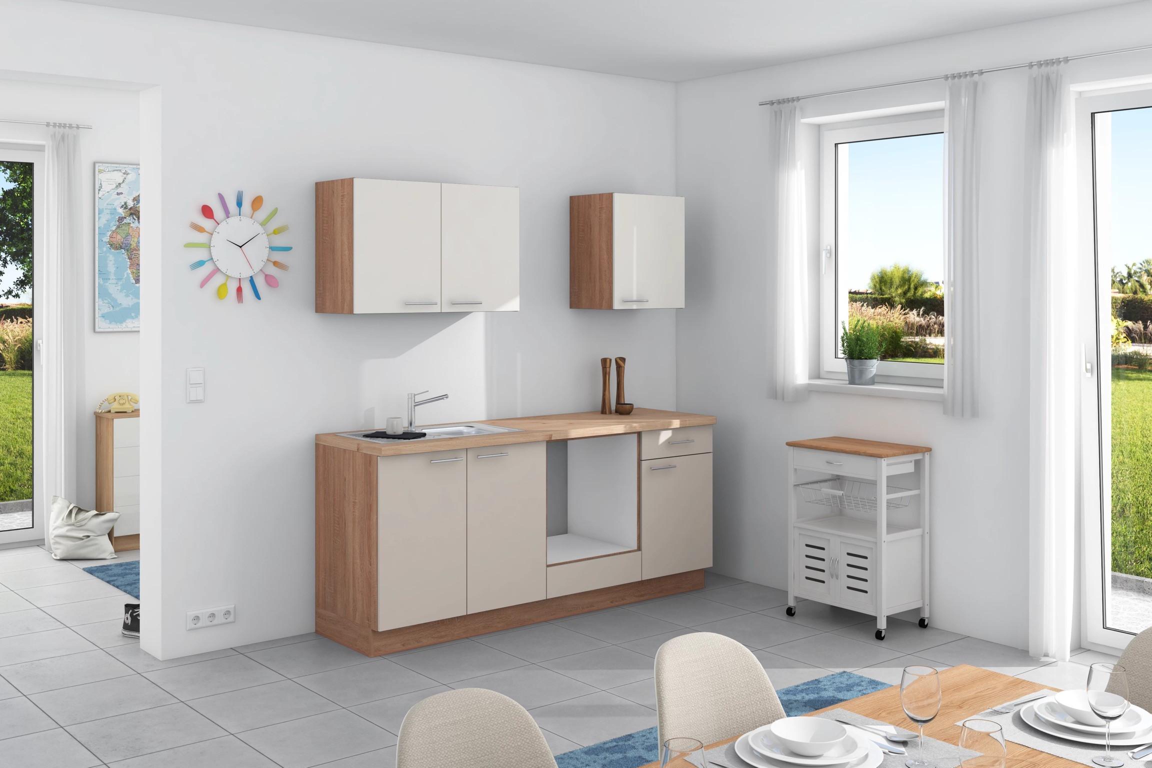 Küchenzeile Base ohne Geräte 200 cm Weiß/Crema - Wildeiche/Anthrazit, Design, Holzwerkstoff (200cm) - Express