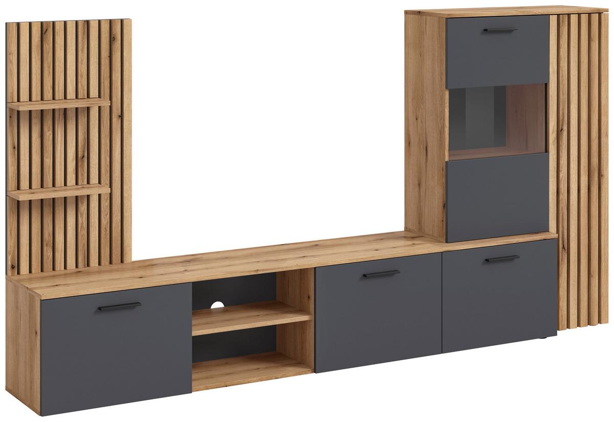 Obývačková stena Mailand š: 250cm - čierna/farba duba, Modern, kompozitné drevo/plast (250/135/38cm) - Mömax