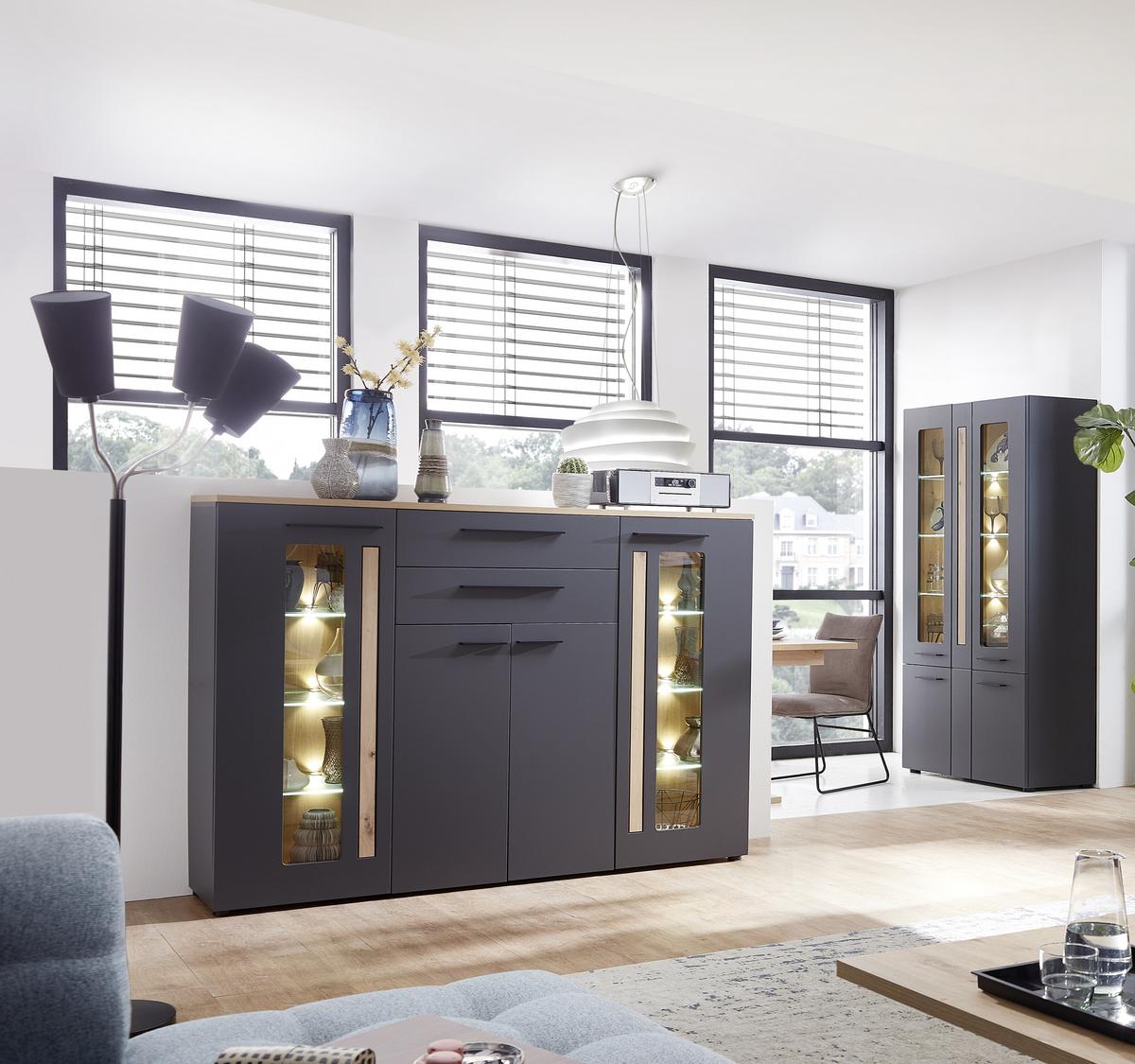 Vysoká vitrína LOFT-TWO - barvy dubu/černá, Moderní, kompozitní dřevo/plast (180/133/37cm) - Livetastic