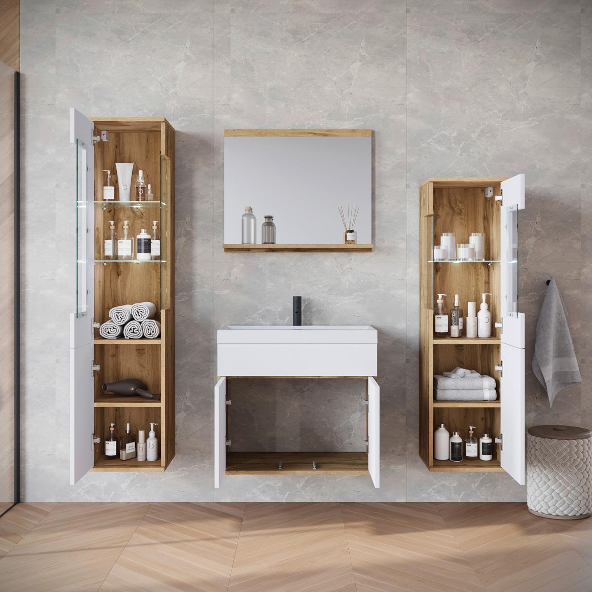 Badezimmer Narobi Eiche Wotan/Weiß B: 120,4 cm - Weiß Hochglanz/Eiche Wotan, Trend, Glas/Keramik (120,4cm) - P & B