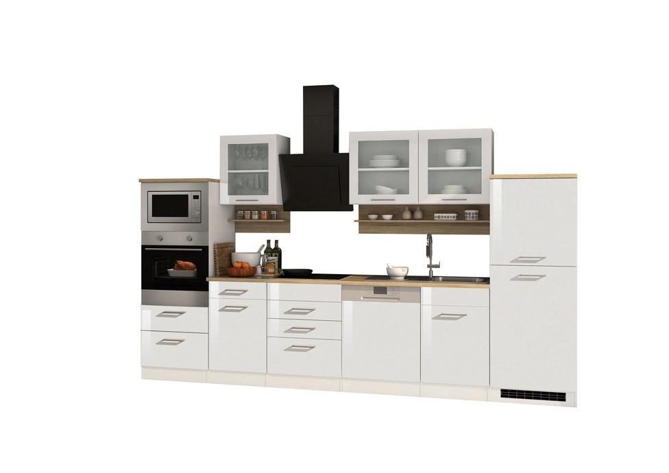 Küchenzeile Mailand mit Geräten 340 cm Weiß Elegant - Eichefarben/Weiß Hochglanz, MODERN, Holzwerkstoff (340cm) - Held