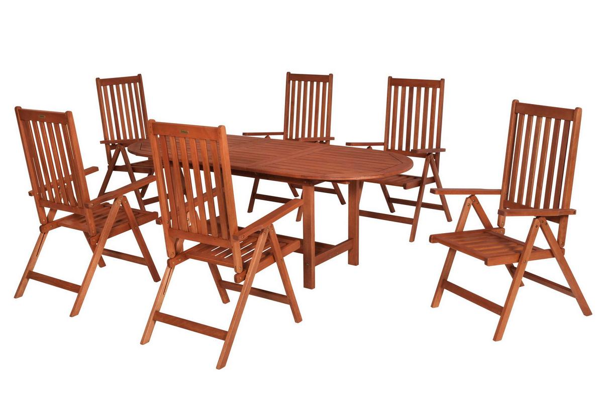 Gartentischgruppe Vitoria 7--Teilig. aus Holz - Eukalyptusholzfarben, KONVENTIONELL, Holz - Gardenson