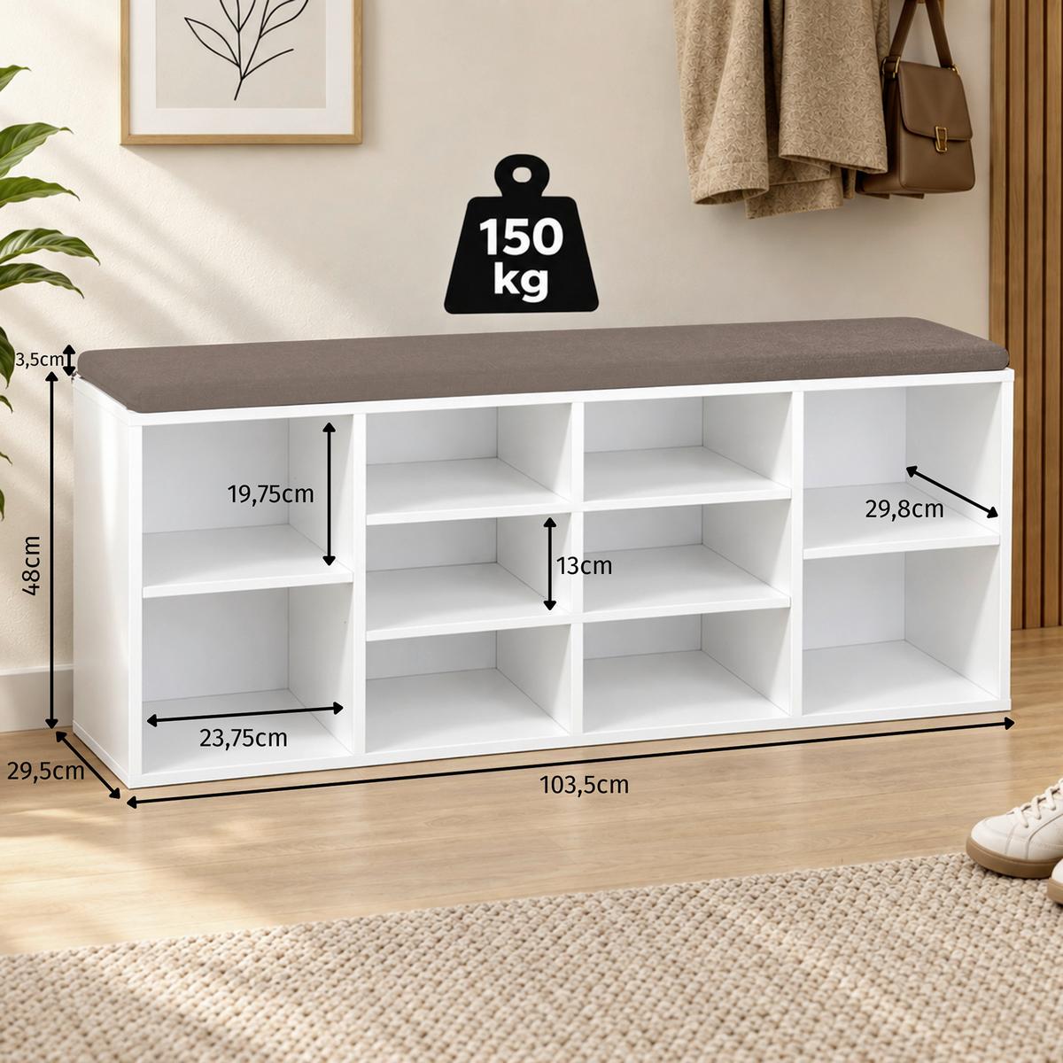 Garderobenbank B: 103,5 cm gepolstert 10 Fächer Weiß - MODERN (103,5/48/29,5cm) - Kesper