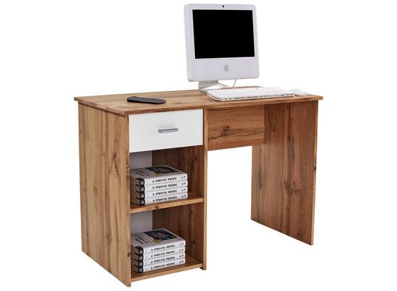 Schreibtisch in Eiche Dekor mit weißer Schublade und zwei offenen Fächern