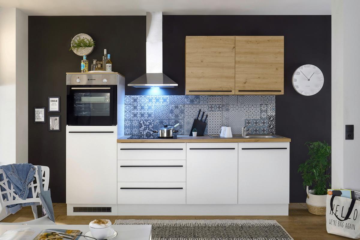 Küchenzeile Noah Mit Geräten Weiß/eiche - Weiß/Eiche Artisan, Basics, Holzwerkstoff (260cm) - MID.YOU