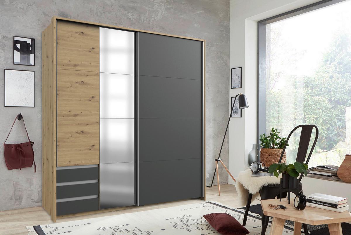 Schwebetürenschrank Mit Glas + Laden 179cm Aurich, Graphit - Eichefarben/Graphitfarben, Basics, Holzwerkstoff (179/198/64cm) - Livetastic
