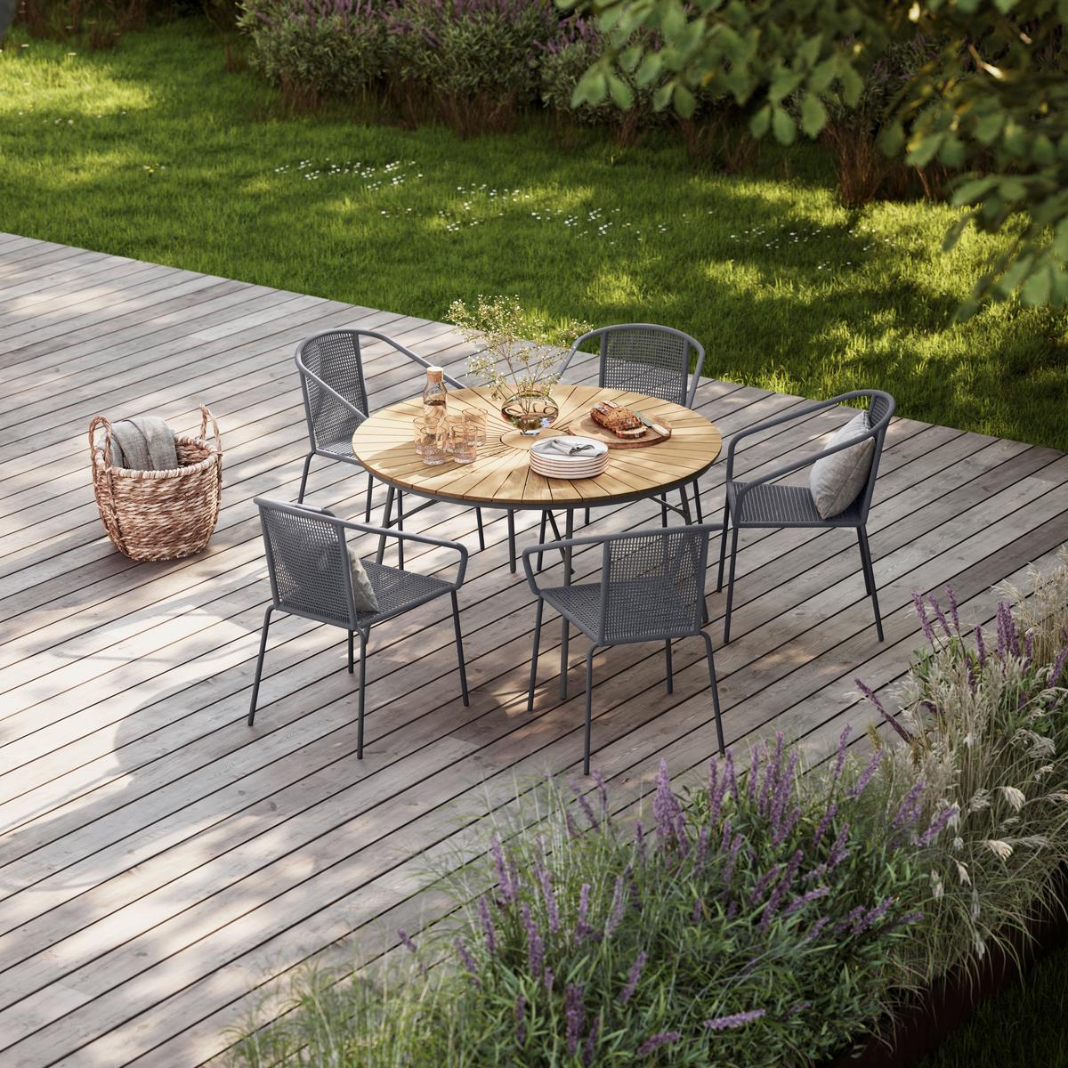 Gartentischgruppe Ellen/Vito 6tlg - Dunkelgrau/Anthrazit, Natur, Holz/Kunststoff (180/180/74cm) - Gardenson