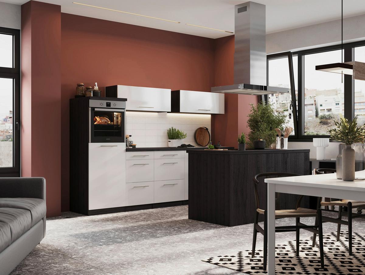 Küchenzeile Premium mit Geräte 280 cm Grau/Weiß + Kochinsel - Weiß/Grau, Basics, Holzwerkstoff (280/160cm) - Respekta