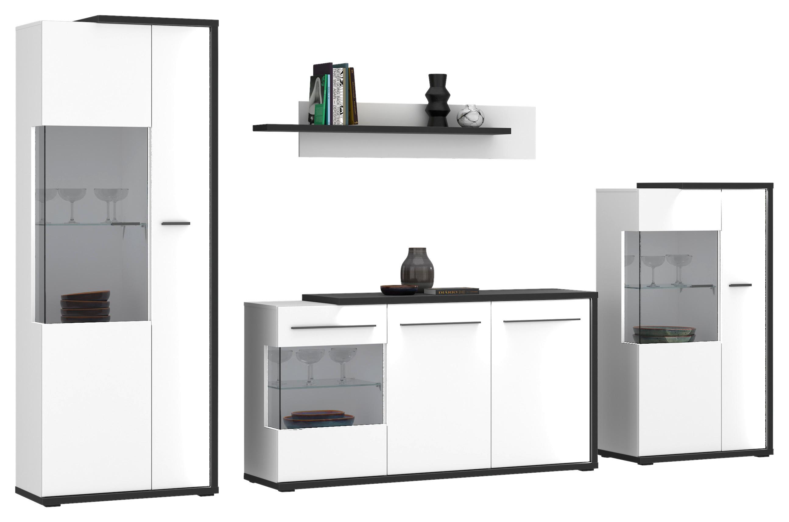 Wohnwand Ambiente Plus Anthrazit/ Weiß B: 300,2 cm - Weiß Hochglanz/Anthrazit, MODERN, Glas/Holzwerkstoff (300,2/199,1/53,6cm)