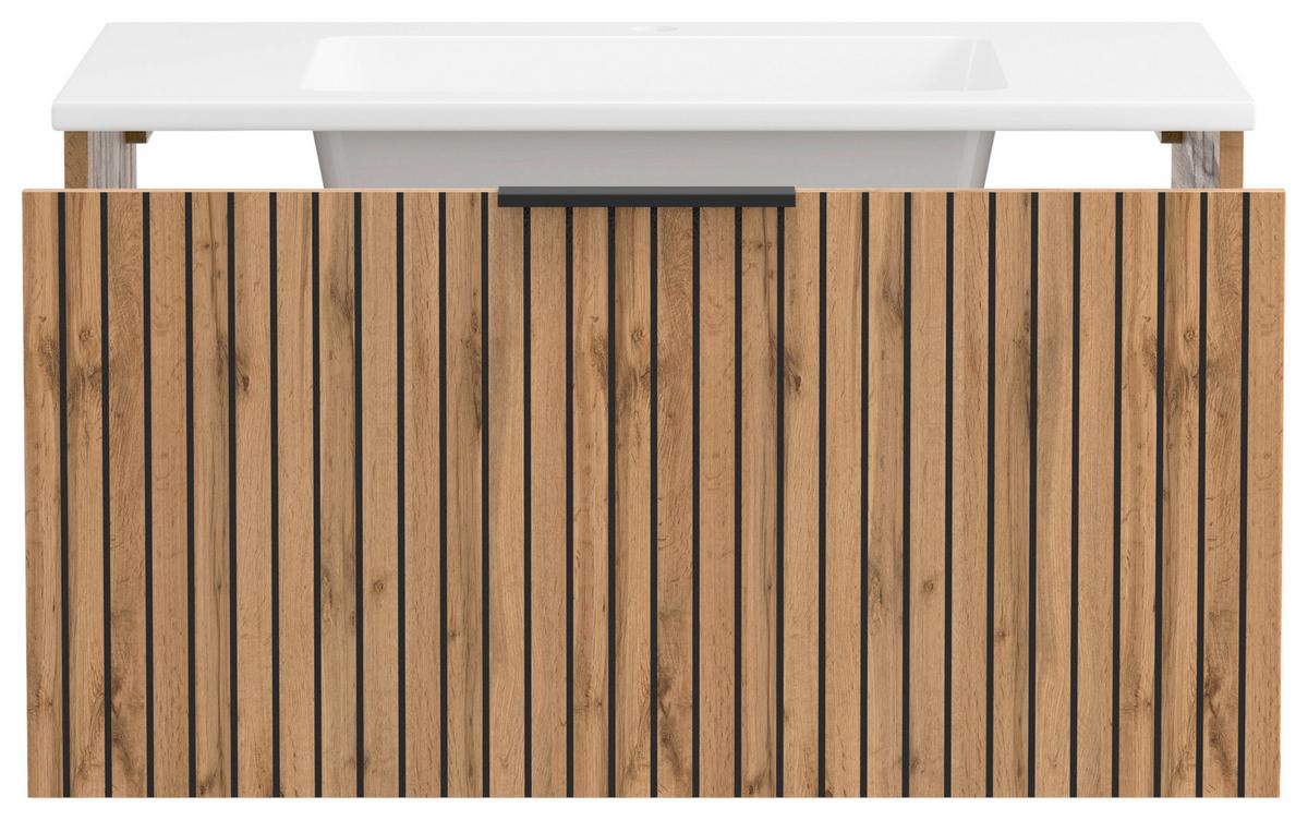 Waschbecken mit Unterschrank Chester B: 80 cm - Eiche Wotan/Schwarz, MODERN, Holzwerkstoff/Stein (80cm) - Held