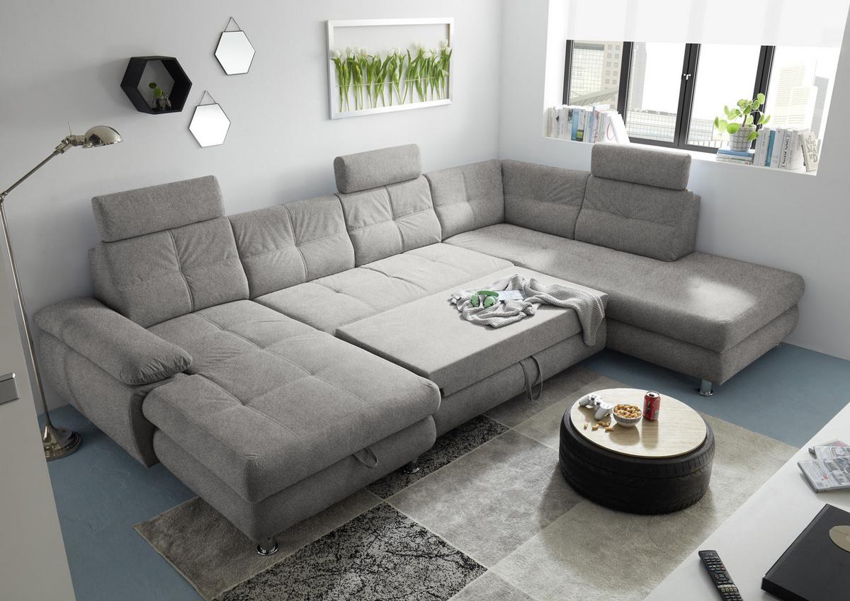 Sedací souprava ALBA U, pravá, stříbrná, úl.prostor, lůžko - barvy stříbra, Moderní, textil/plast (177/349/233cm) - MID.YOU