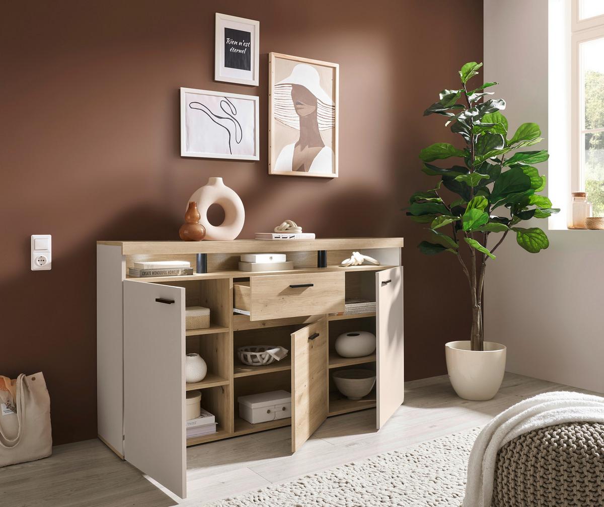 Sideboard Strada Giga *ph* Eiche Artisan/Kashmir, B:151cm - Kaschmir/Schwarz, Trend, Glas/Holzwerkstoff (151/89/37cm)