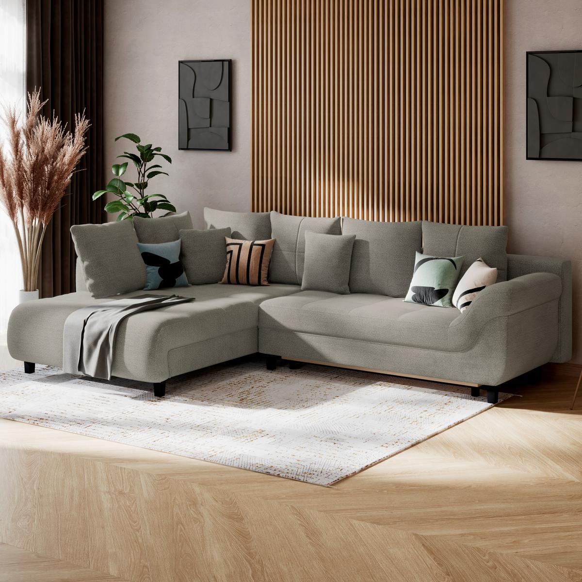 Ecksofa Mit Schlaffunktion Mendoza New Chenille 197x309cm - Sandfarben/Schwarz, KONVENTIONELL, Textil (197/309cm) - Ondega