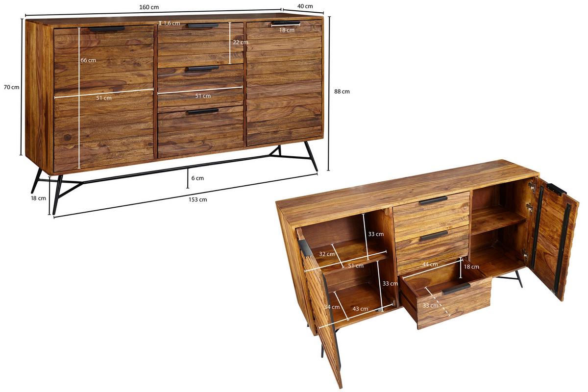 Sideboard Sheesham Sheeshamfarben B: 160 cm - Sheeshamfarben/Schwarz, Design, Holz (160/88/40cm) - MID.YOU