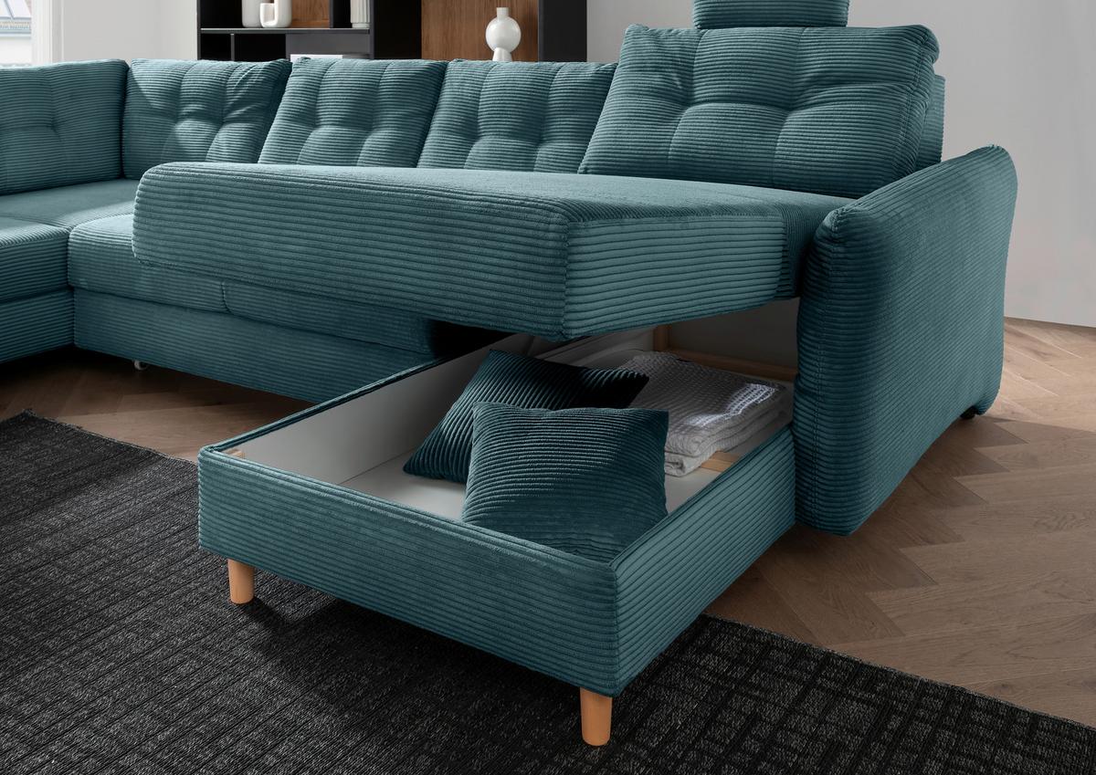 Wohnlandschaft mit Schlaffunktion, Petrol - Petrol/Naturfarben, MODERN, Textil (206/338-352/176cm) - Livetastic