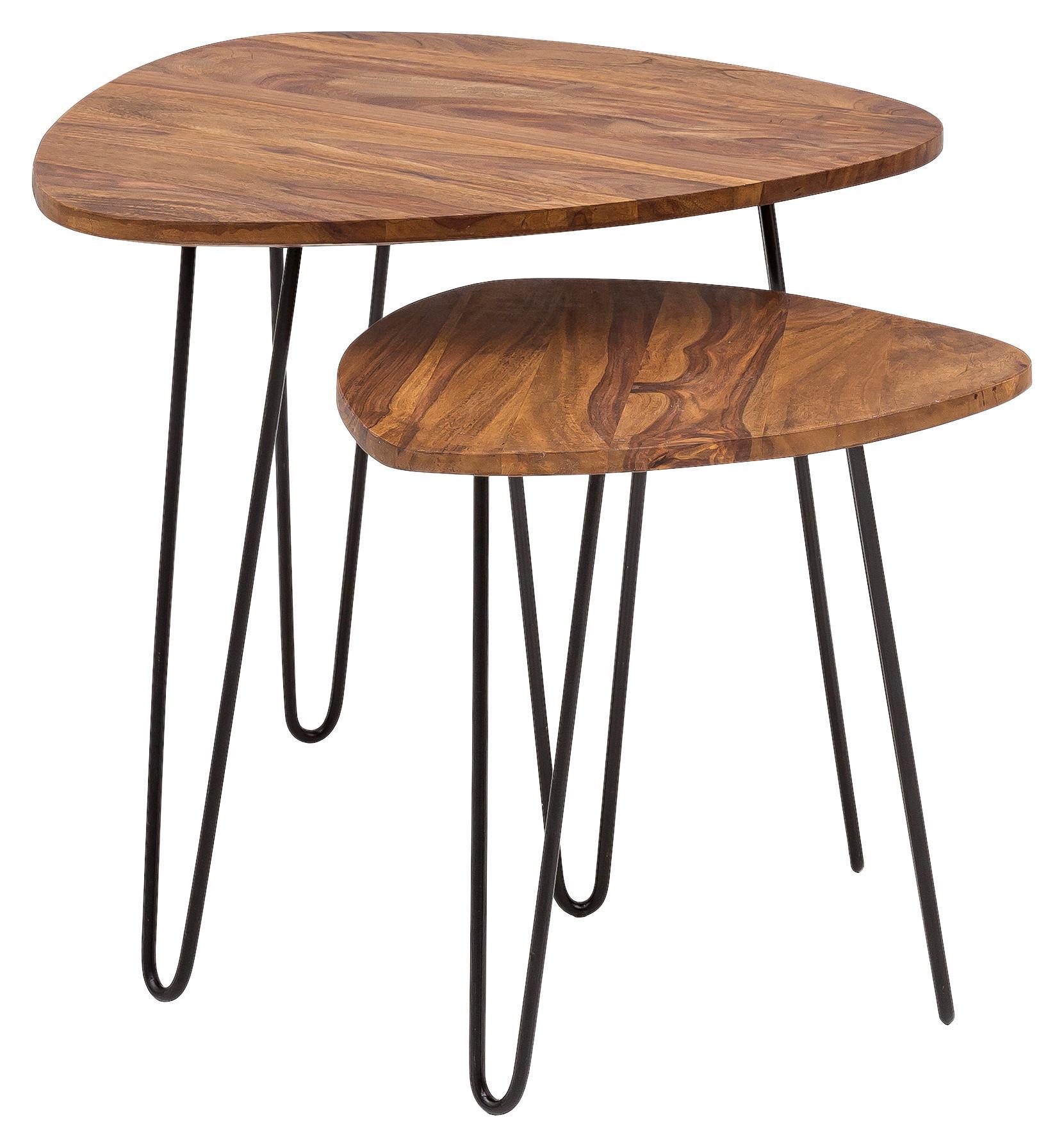 Sada zasúvacích stolíkov Sheesham - čierna/farba indického palisandra, Design, kov/drevo (60/56/60cm) - MID.YOU
