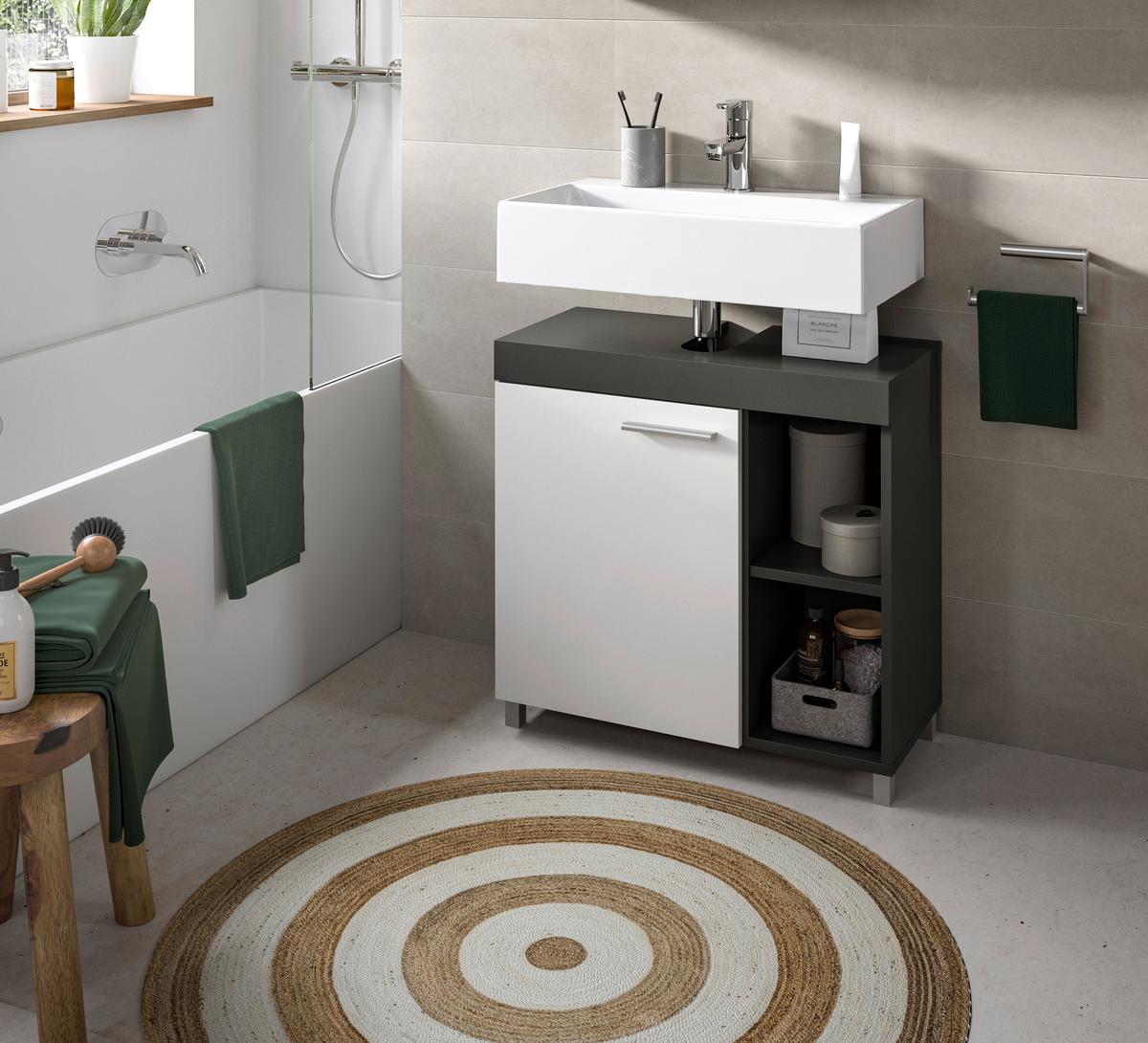 Waschbeckenunterschrank Noah Anthrazit/Weiß B: 65cm - Anthrazit/Silberfarben, Trend, Holzwerkstoff (65/63/31cm) - MID.YOU