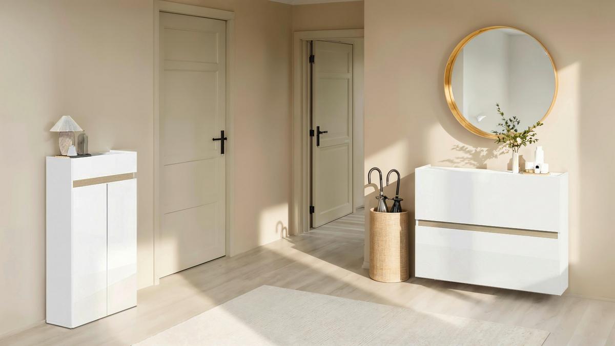 Schuhschrank Rainbow Eichefarben/weiß Hg B: 63 Cm - Eichefarben/Weiß Hochglanz, Design, Holzwerkstoff (63/114/35cm) - MID.YOU