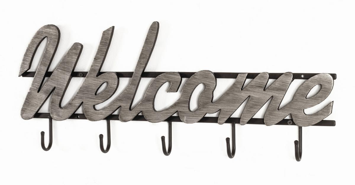 Hakenleiste Welcome B: 60 cm mit Schriftzug 5 Haken - Silberfarben/Schwarz, MODERN, Holzwerkstoff/Metall (60/22/4cm)
