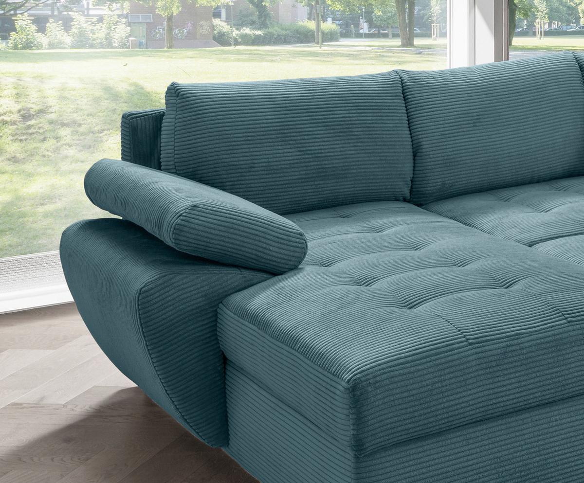 Wohnlandschaft Terana mit Schlaffunktion, Petrol - Chromfarben/Petrol, KONVENTIONELL, Textil (157/305/219cm) - Livetastic