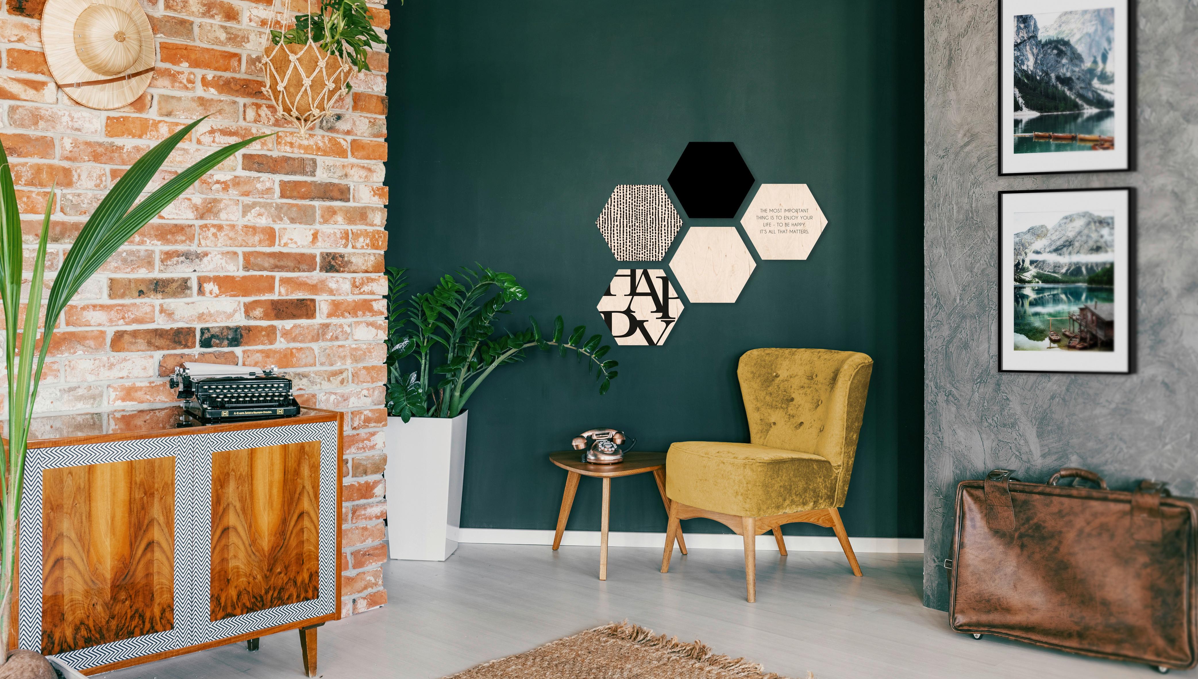Obraz Hexagon, 5dílná Sada - bílá/černá, dřevo (30/25cm) - Modern Living