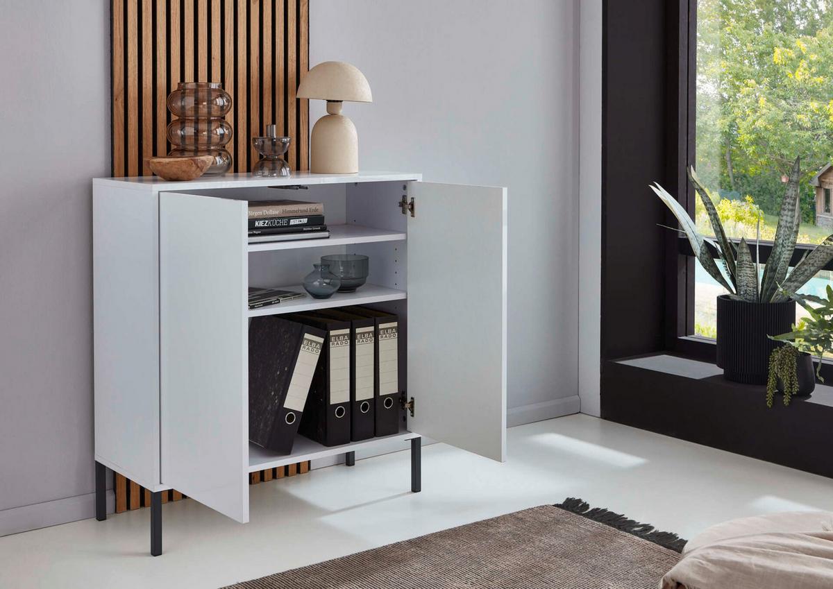 Sideboard Mailand 7 B: 263,5 cm Weiß - Weiß Hochglanz/Schwarz, MODERN, Holzwerkstoff (263,5/73/33cm) - MID.YOU