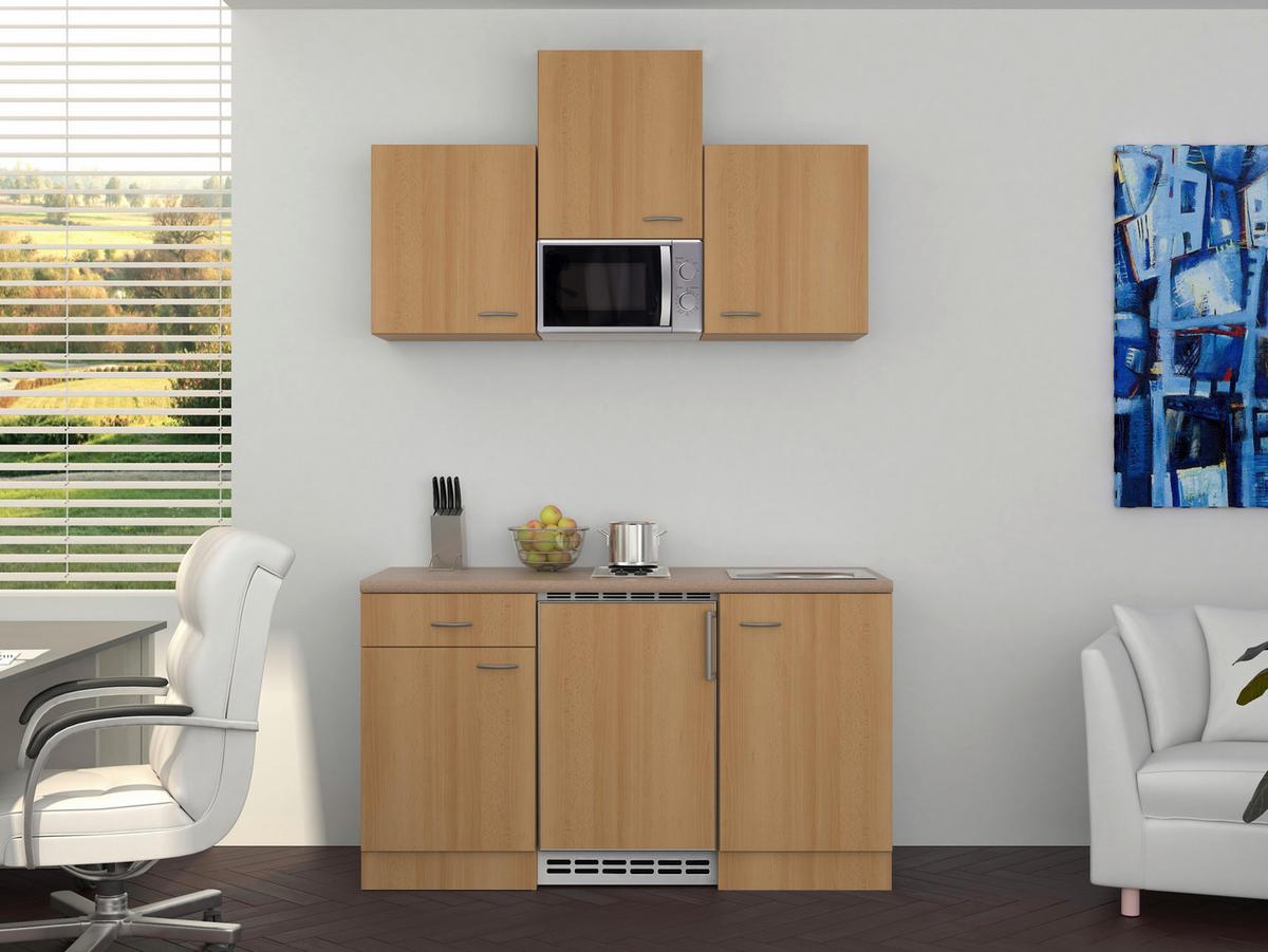 Minikuchyňa NANO vrátane spotrebičov a drezu - farba buka/farba ušľachtilej ocele, Modern, kompozitné drevo/plast (150cm) - MID.YOU