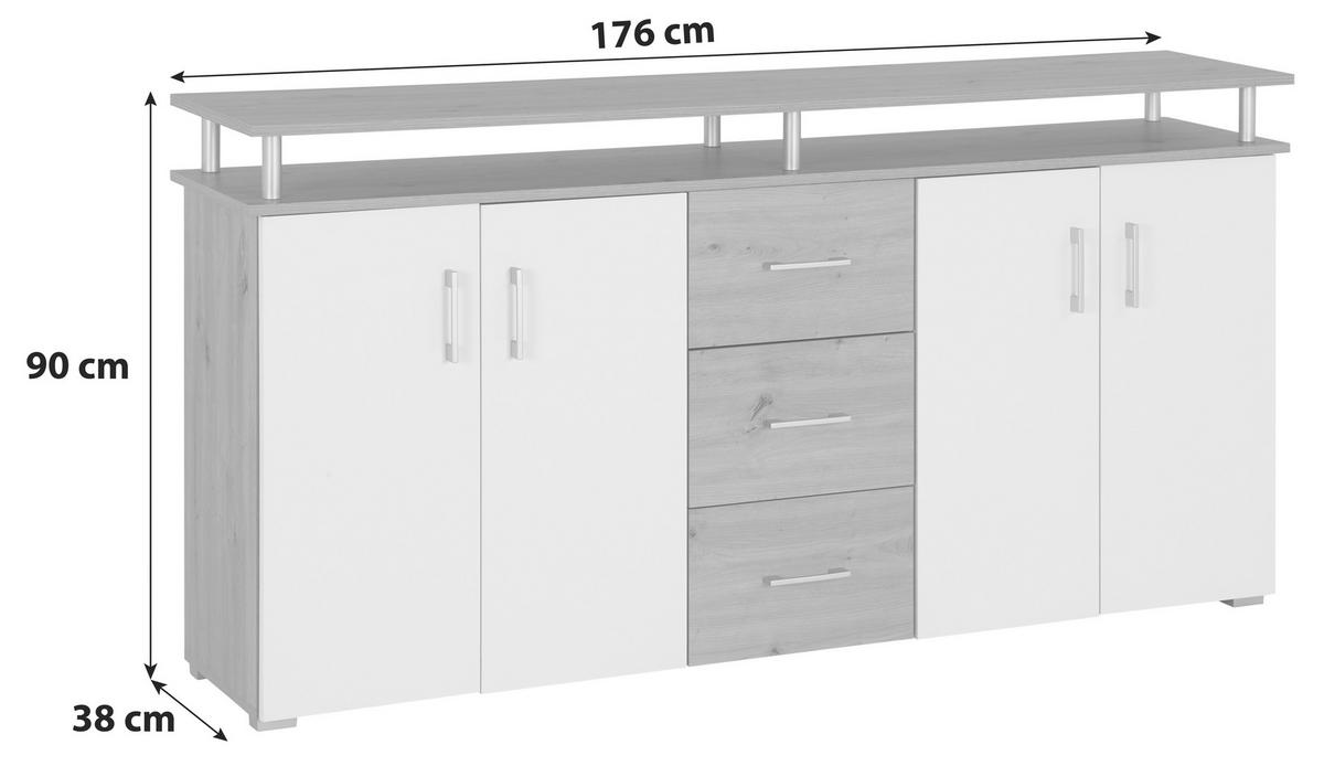 Komód Lift 176/90 Cm - tölgyfa színű/fehér, Modern, faalapú anyag (176/90/38cm)