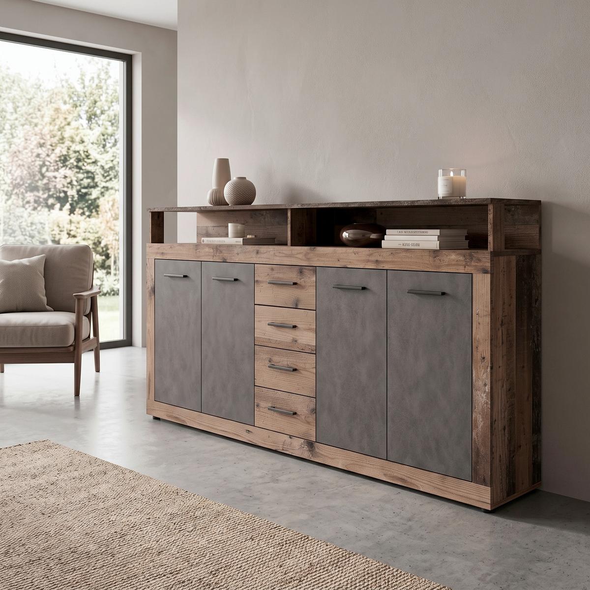 Sideboard 190 cm Lupo, Anthrazit/Alteiche - Alteiche/Anthrazit, Design, Holzwerkstoff (190/96/32cm) - MID.YOU