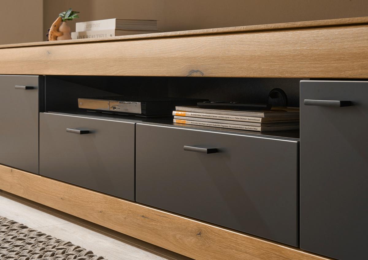 Lowboard Soleto Graphit-/Eichefarben B: 200cm - Eichefarben/Schwarz, Design, Holzwerkstoff (200/48/45cm) - MID.YOU