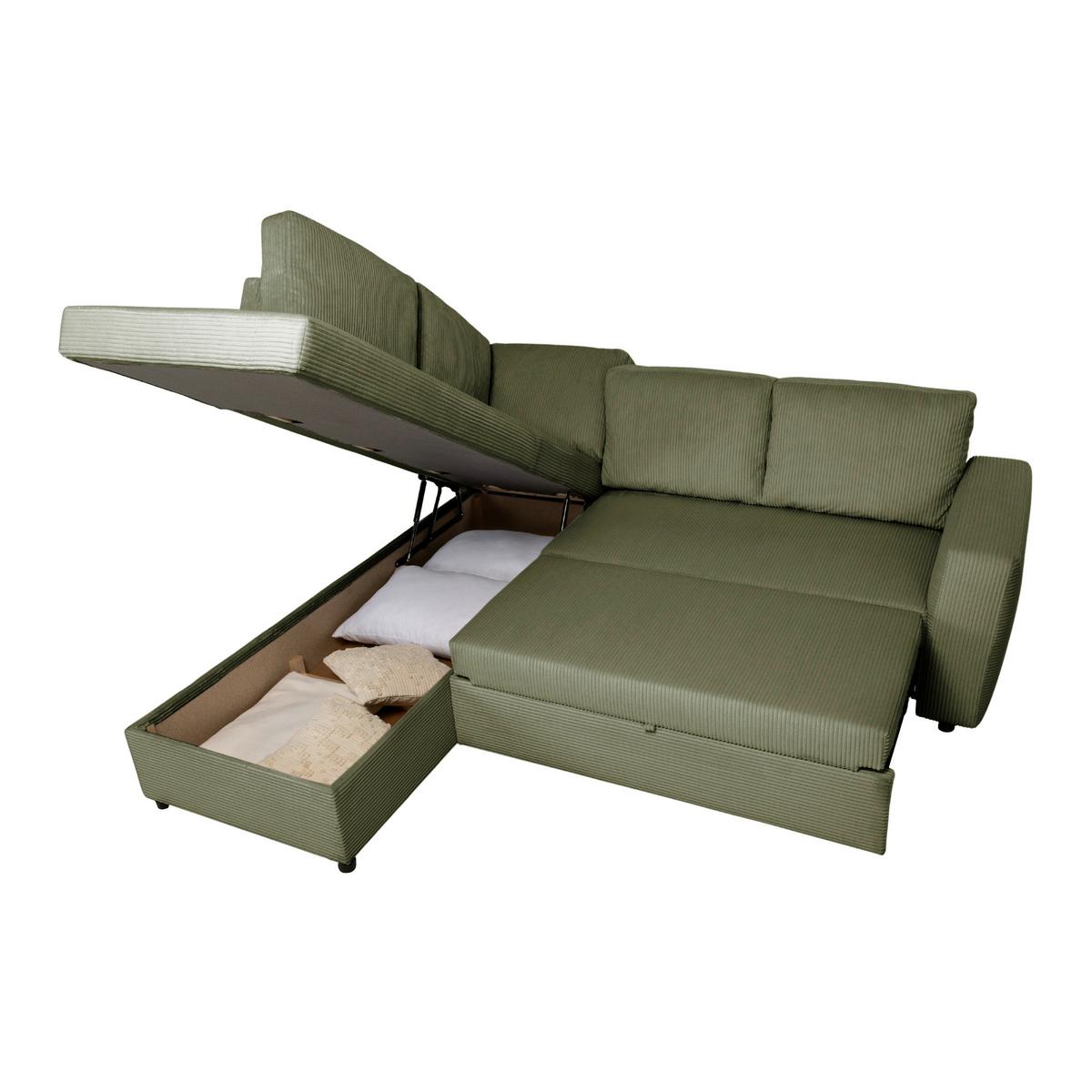 Ecksofa mit Schlaffunktion Toulouse Cord kaki, 206x224cm - Khaki/Schwarz, Trend, Holz/Textil (206/224cm)
