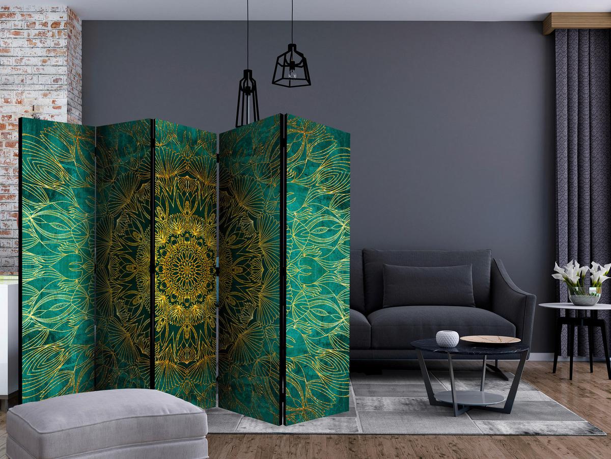 Paravent Türkis Goldfarben B: 225 cm - Türkis/Goldfarben, Basics, Holz/Textil (225/172/3cm) - artgeist