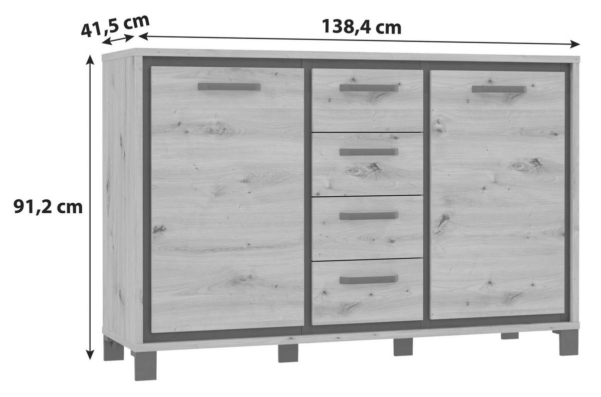 Kommode B 138,4 Cm Trondheim, Eiche Dekor/schwarz - Eichefarben/Schwarz, MODERN, Holzwerkstoff/Kunststoff (138,4/91,2/41,5cm) - MID.YOU
