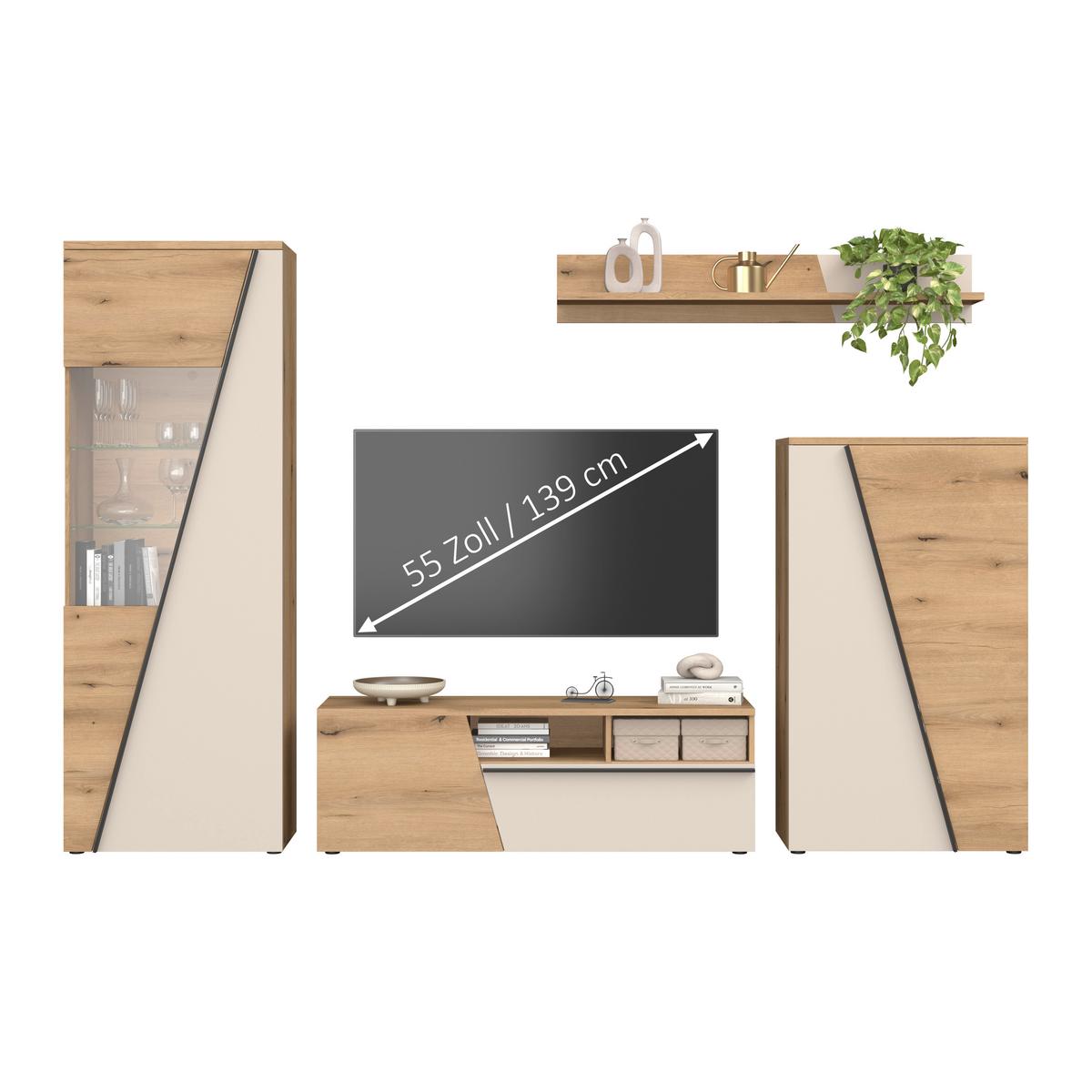 Vitrine Venedig NEW Eichefarben/Kaschmir B: 287 cm - Kaschmir/Eichefarben, MODERN, Holzwerkstoff (287/196/40cm)